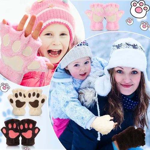 Vista 2 de Guantes de pata de gato, 3 pares de guantes kawaii, patas de gato, cosplay, piel sintética, guantes de gato, patas de león, guantes sin dedos