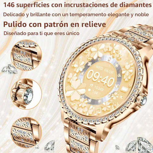 Vista 2 de Relojes Inteligentes para Mujeres (Hacer/Contestar Llamadas) con Diamante: 1.32" Reloj Rastreador de Fitness para FC/Presión Arterial/SpO2/Monitor