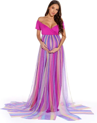 Vista 3 de ZIUMUDY Vestido de maternidad con hombros descubiertos para sesión de fotos, vestido de baby shower, vestido de maternidad de tul de manga corta