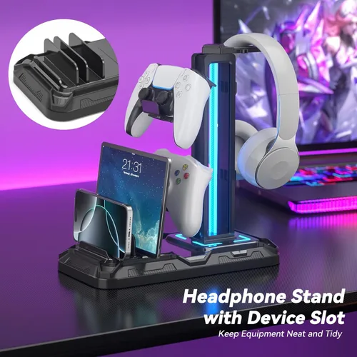 Vista 2 de KDD Headset Stand with Charging Station - Detachable Controller Holder with 9 Light Modes - Rotatable Headphone Hanger with USB A&C Charger Ports