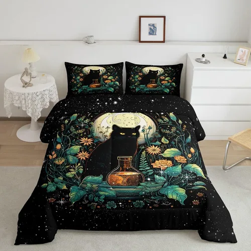 Vista 6 de Castle Fairy Juego de edredón con diseño de gato lindo para niños, tamaño twin, juego de ropa de cama con hojas de flores, luna, noche y cielo
