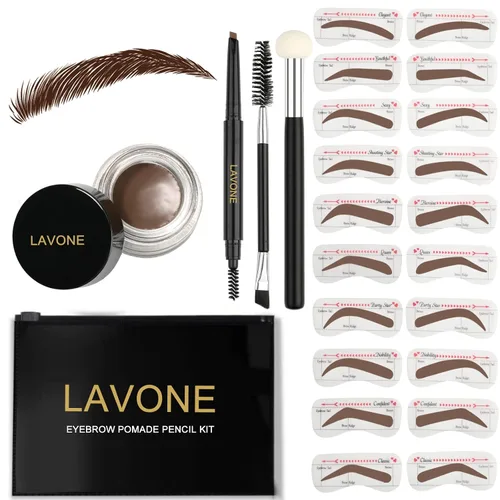 Vista 25 de LAVONE Kit de plantillas para cejas, trío de sellos para cejas con lápiz impermeable, pomada, 20 plantillas, cepillo de doble punta y aplicador