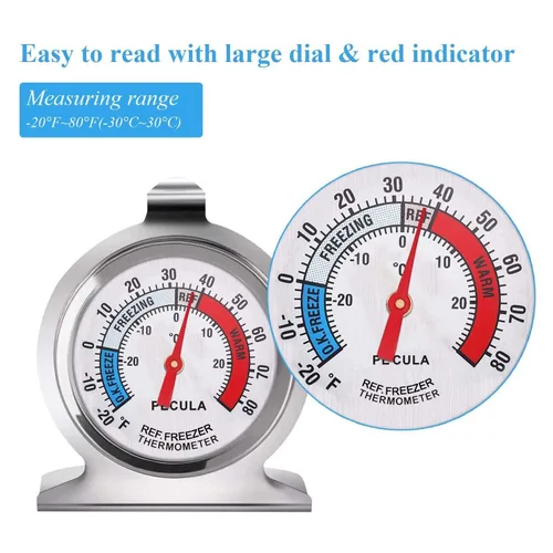 Vista 2 de Paquete de 2 termómetros para refrigerador, de 30 a -30°C/20 a 80°F, termómetro clásico para nevera de esfera grande con indicador rojo, termómetro