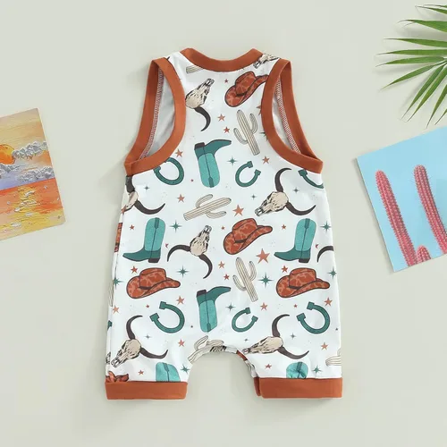 Vista 3 de Omkzanbi Ropa de verano para bebé del oeste, ropa de verano retro con estampado de vaca, mameluco sin mangas, lindo mono de vaquero de campo de 0-18