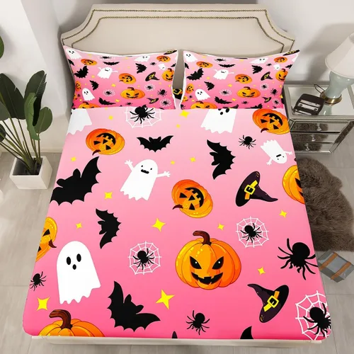 Vista 2 de Manfei Juego de sábanas de Halloween tamaño individual, juego de ropa de cama de farol de calabaza fantasmas para niños y niñas, decoración