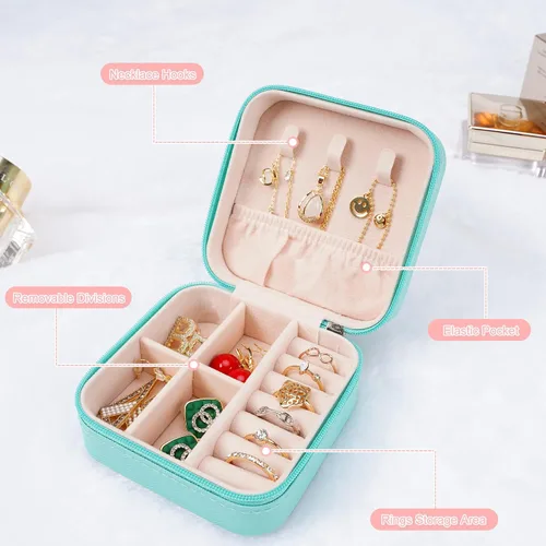 Vista 6 de Pequeñas cajas de joyería de viaje, organizador de joyas portátil, cajas de almacenamiento para aretes, anillos, collares, cajas de joyería