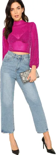 Vista 4 de ROMWE - Blusa para mujer con manga obispo brillantina y malla transparente