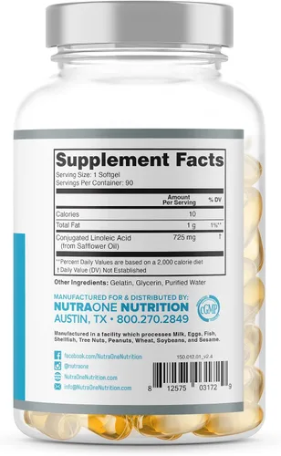 Vista 3 de NutraOne Nutrition Suplemento CLAOne de ácido linoleico conjugado (CLA) Suplemento natural* (90 cápsulas)