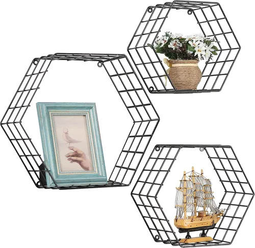 Vista 2 de Estante flotante de metal para montar en la pared con diseño hexagonal, pack de 3 unidades, negro.