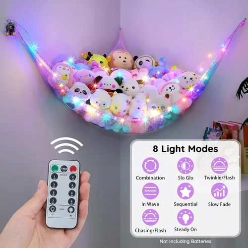 Vista 2 de Unicorn Castle Hamaca de red para animales de peluche, almacenamiento de juguetes con luz LED, organizador de juguetes de felpa para colgar