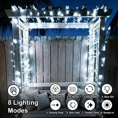 Vista 3 de QITONG Paquete de 2 tiras de luces solares blancas, 100 luces LED solares para exteriores de 33 pies, impermeables, 8 modos, alambre verde, luz