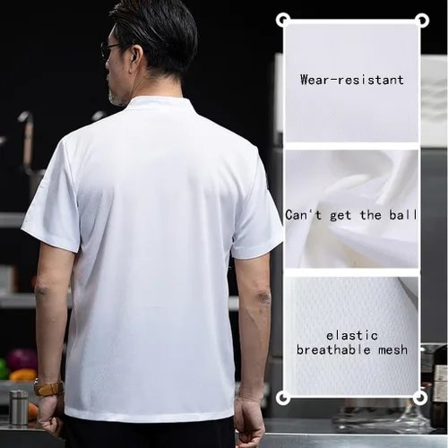 Vista 3 de Abrigo de chef unisex de manga corta, uniforme de chef de cocina, chaqueta de trabajo ligera con bolsillos