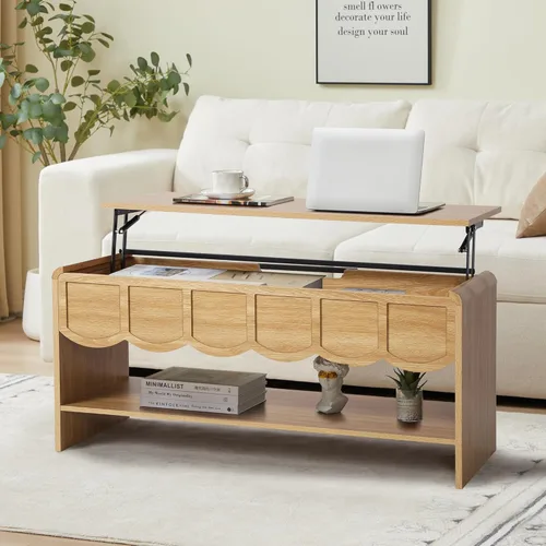 Vista 10 de Mesa de centro elevable con compartimento oculto, mesa central de madera de 2 niveles con panel ondulado, moderna mesa elevadora para el hogar, sala