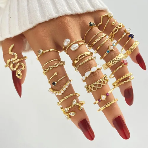 Vista 3 de KISS WIFE Juego de anillos dorados, plateados y negros para nudillos, para mujeres, delicados, simples, modernos, apilables, perfectos para apilar