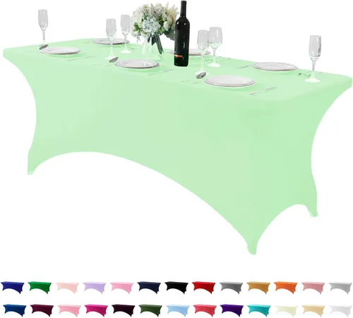 Vista 57 de Mantel de elastano para mesa de 6, 4 o 8 pies, universal, ajustable, para fiestas, banquetes, bodas y eventos, color verde manzana
