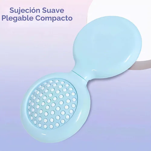 Vista 2 de Juego de cepillo de pelo y espejo de viaje para mujeres, cepillo plegable con espejo compacto para bolso o mochila, lindo regalo azul bebé