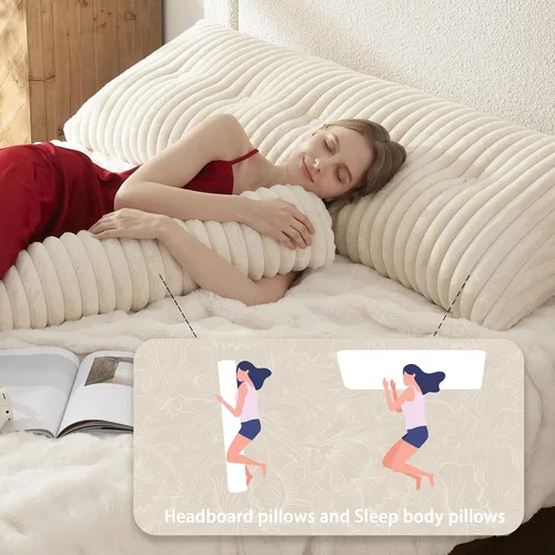 Vista 4 de Almohada de cabecera + una almohada larga para el cuerpo, almohada de piel sintética con funda extraíble (beige, matrimonial: 54 x 8 x 20 pulgadas)