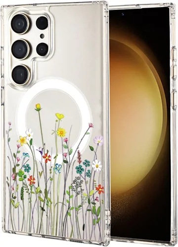 Vista 55 de Funda magnética para Samsung Galaxy S22 Ultra Flower, compatible con MagSafe, patrón floral transparente a prueba de golpes, parte trasera