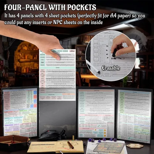 Vista 4 de CZYY DND Pantalla de Dungeon Master de Cuatro Paneles con Bolsillos, Cuero Sintético con Relieve 3D con Cthulhu - Incluye Insertos de Pantalla DM