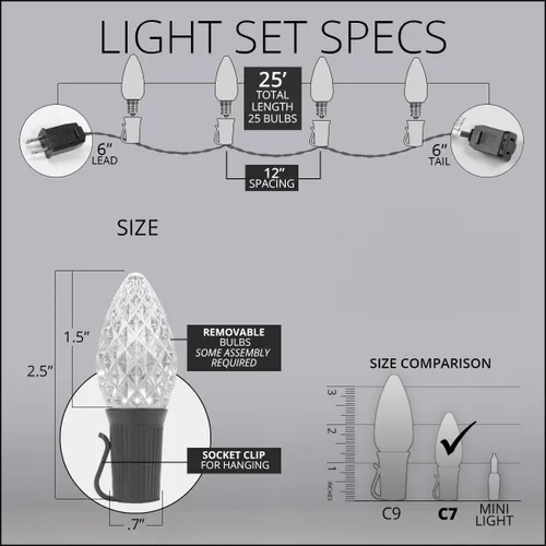 Vista 4 de Wintergreen Lighting C7 OptiCore Luces de Navidad Multicolor Comerciales - Cadena de luces LED de Navidad, luces navideñas al aire libre; cable Verde