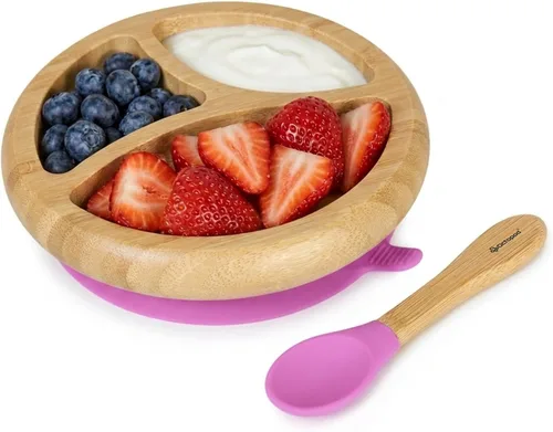 Vista 9 de Abiie Octopod Bamboo Dish & Spoon - Plato de succión para bebé - 4 meses y más - Azul 3-Compartment Round Kids Plate, High Chair Accessories
