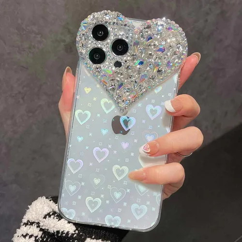 Vista 3 de Bonita funda para iPhone 11 con purpurina 3D para mujeres y niñas, bonita funda transparente con diamantes de imitación y diamantes de imitación