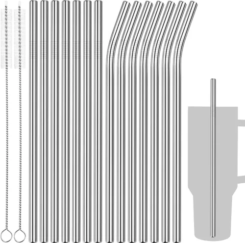 Vista 12 de Tomorotec Juego de 14 popotes de acero inoxidable de 11 pulgadas y 2 cepillos de limpieza con diseños curvos y rectos, compatible con vasos Stanley