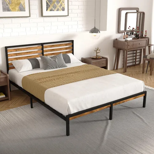 Vista 6 de Marco de cama de tamaño matrimonial con combinación de madera y metal, plataforma estable con soporte de listones de acero, cama doble, no necesita