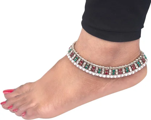 Vista 4 de Efulgenz Joyas indias oxidadas – Par de tobilleras y pulseras para mujer – Joyas de pie de perlas de cristal oxidadas boho Multi