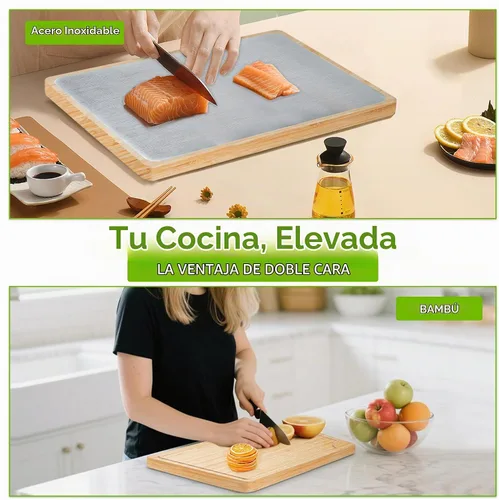 Vista 5 de GR Kraft - Tablas de cortar de doble cara de acero inoxidable y bambú, no tóxicas, duraderas, con diseño apto para cuchillos, sin microplásticos
