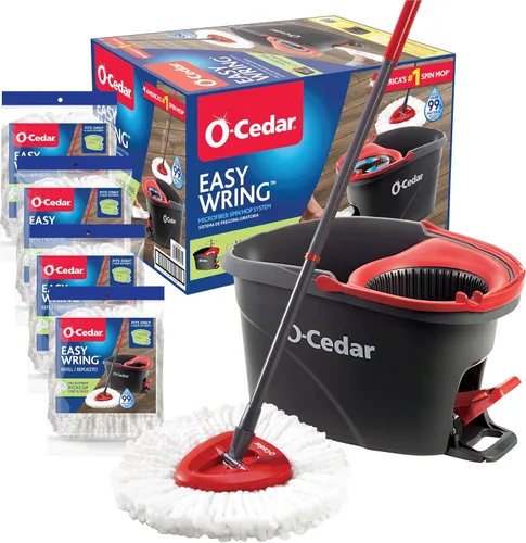 Vista 22 de O-Cedar EasyWring - Sistema de limpieza de suelos con balde y fregona giratoria de microfibra + 2 recambios adicionales, rojo/gris