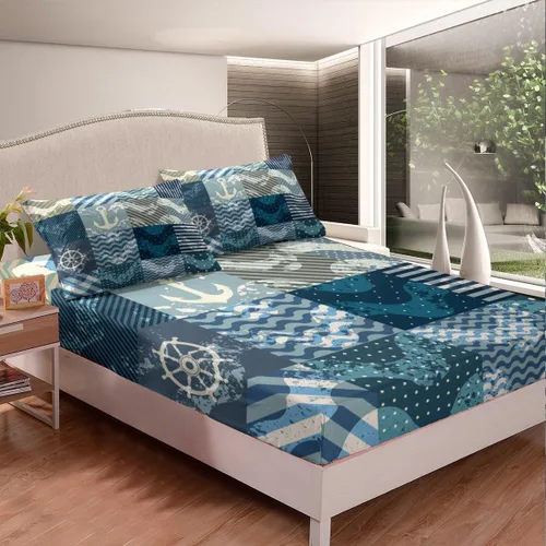 Vista 2 de Juego de sábanas ajustables náuticas azules con olas del océano, sábanas de anclaje de barco, estilo retro, decoración de volante