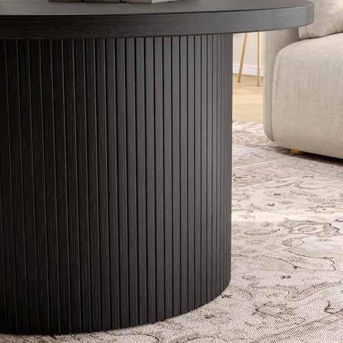 Vista 7 de ONBRILL Mesa de centro redonda de 31.5 pulgadas, mesas de centro con diseño de tambor para sala de estar, mesa de centro de madera moderna de Negro