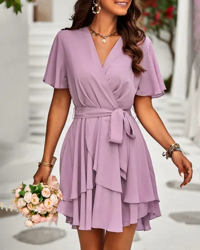 Vista 4 de BTFBM - Vestido corto de verano 2023 con cuello en V para mujer, manga corta, cintura alta, dobladillo con volantes, falso cruce