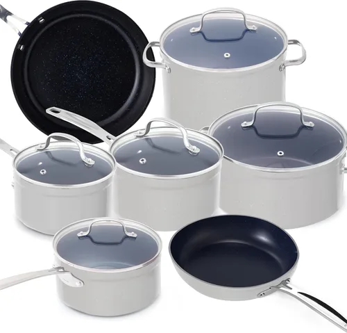 Vista 23 de Nuwave - Juego de 12 utensilios de cocina forjados y ligeros, revestimiento ultra antiadherente de cerámica Duralon G10 saludable, tapas de vidrio
