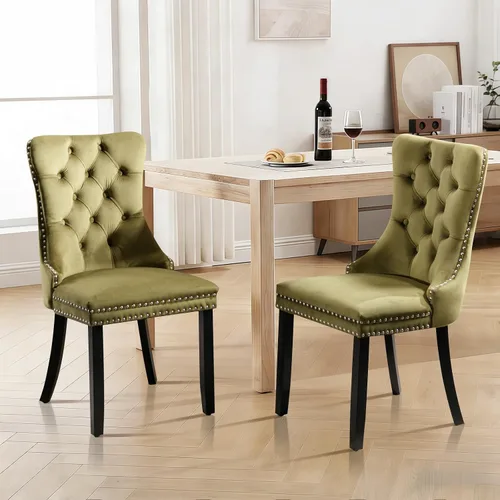 Vista 21 de Juego de 2 sillas de comedor de terciopelo con patas de madera, color beige Mid Century Modern Dining Chairs,Upholstered Chairs with Nailhead