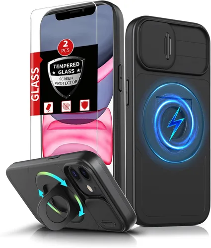 Vista 89 de Funda magnética para iPhone 11 Pro compatible con carga inalámbrica MagSafe, con 2 protectores de pantalla, anillo kickstand de 360° integrado +