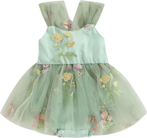 Vista 111 de Mameluco para bebés y niñas de 3, 6, 9, 12, 18 meses, enterizo de manga corta, fruncido, faldas y dobladillo, diadema