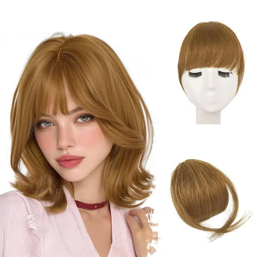 Vista 30 de BARSDAR Flequillo postizo de pelo humano real - Flequillo postizo 100% pelo humano para mujeres - Extensiones de flequillo ondulado castaño rojizo