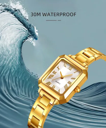 Vista 6 de BESTKANG Reloj de pulsera pequeño rectangular para mujer, reloj de cuarzo clásico, esfera de números romanos 30M, impermeable, correa de acero
