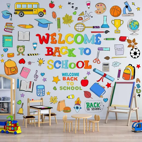 Vista 3 de Eersida 87 piezas de calcomanías de bienvenida de vuelta a la escuela para ventanas de aula, pegatinas de pared para el primer día de escuela