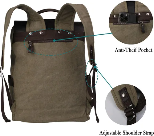 Vista 6 de Mochila de lona vintage con cuero de vaca de grano superior, bolsa de trabajo para portátiles de 16 pulgadas, Verde militar, Mochilas de viaje