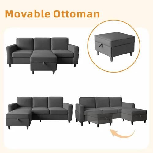 Vista 6 de Sofá seccional y sofás para sala de estar, sofá de 3 asientos gris oscuro de 3 asientos en forma de L con otomana de almacenamiento, sofás