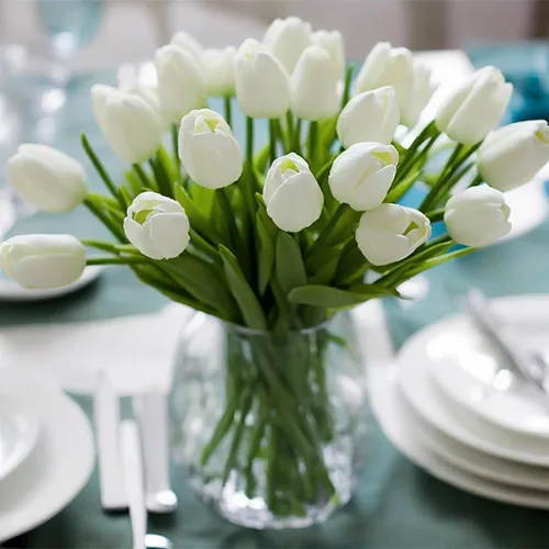 Vista 15 de 30 tulipanes reales al tacto, flores de poliuretano, tulipanes artificiales para arreglos de boda, fiesta, Pascua, primavera, hogar, comedor, Rosa