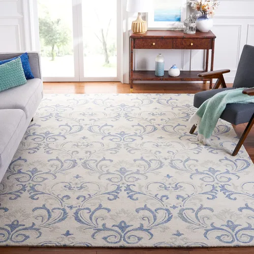 Vista 6 de SAFAVIEH Jardin Collection Alfombra de pasillo, 2 pies 3 pulgadas x 8 pies, marfil y azul, lana floral hecha a mano, ideal para zonas de alto