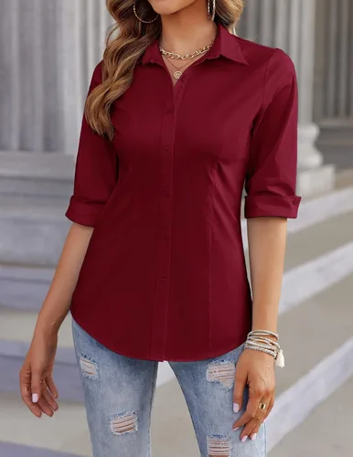 Vista 2 de HOTOUCH Camisas básicas con botones para mujer, manga 34, elásticas, con botones, camisa de vestir ajustada para camarera