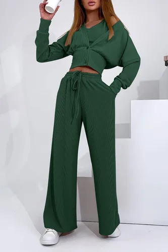Vista 4 de PRETTYGARDEN Trajes de 3 piezas para mujer, conjuntos a juego, cárdigan de punto acanalado, camisetas sin mangas, pantalones de pierna ancha