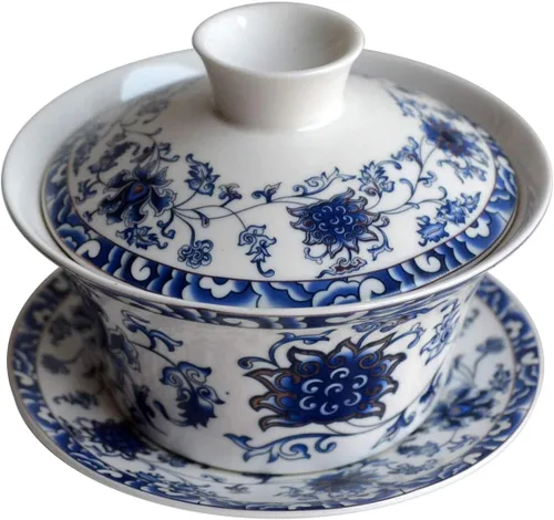 Vista 13 de Liang baobao Juego de Té Tradicional Gaiwan con Tapa y Platillo Taza de Té Gongfu de Porcelana Diseño Azul de Loto Tazas de 200ml