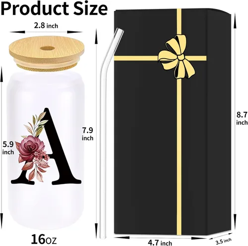 Vista 6 de Vaso de vidrio con monograma con tapa de bambú, popote personalizado, vaso de café helado de 16 onzas, tarro transparente de masón, cerveza, agua