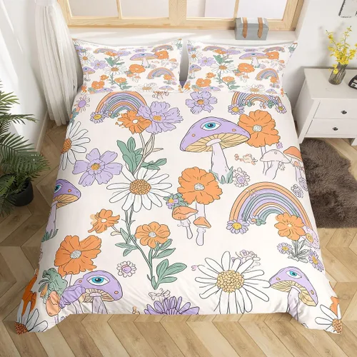 Vista 8 de Groovy Flowers - Funda de edredón de flores hippy girl, juego de ropa de cama con diseño de flores de arco iris, espiral, rayas, floral, juego